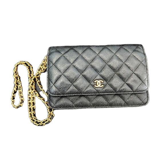 Chanel Wallet on Chain Quilted Caviar Black Authentic 7 X 5 X 2" Crossbody - Picture 1 of 16